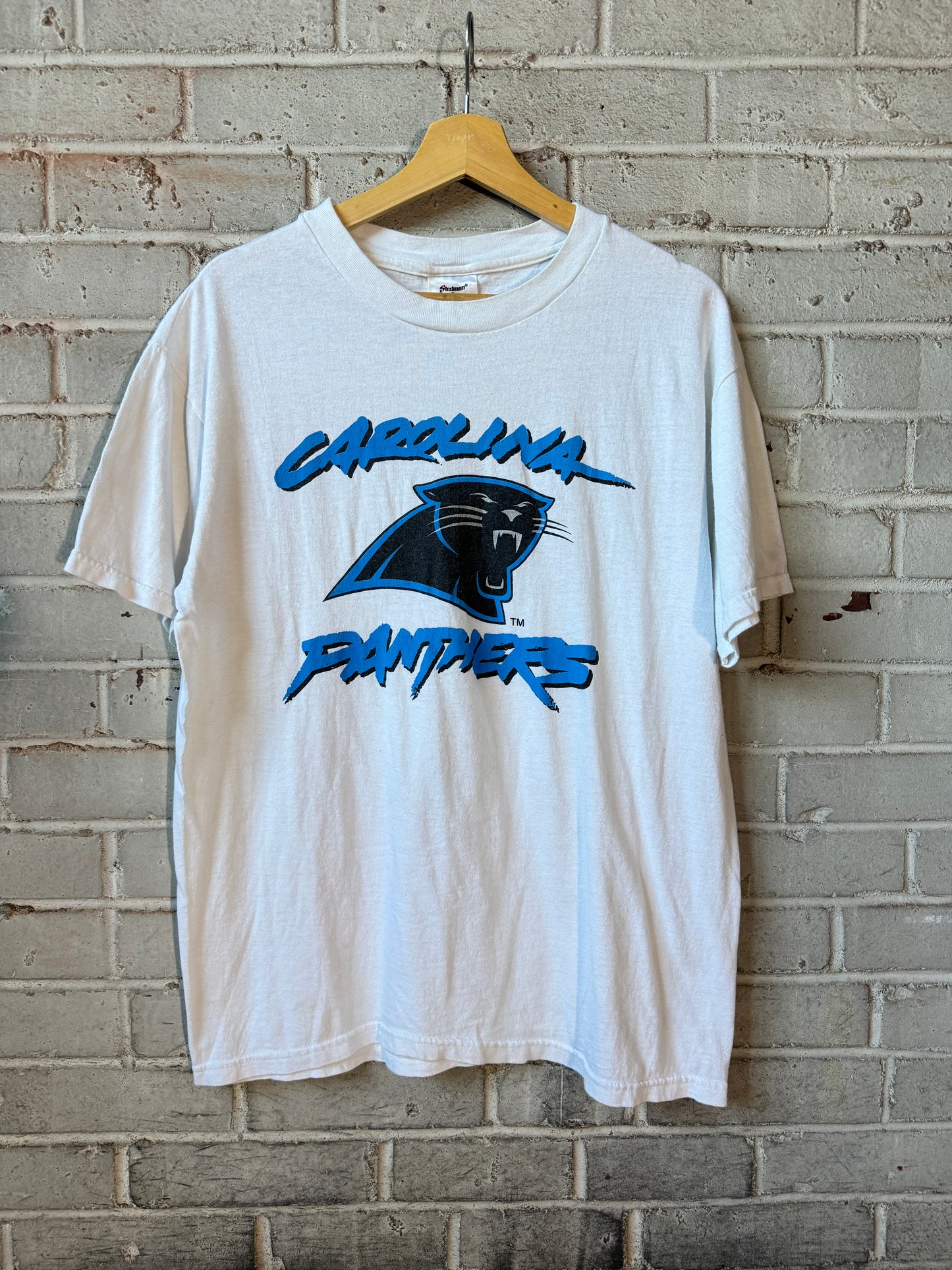 90’s Carolina Panthers Vintage White Cat Scratch Font NFL Tee (Medium)