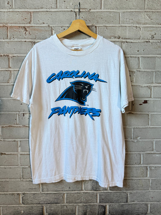 90’s Carolina Panthers Vintage White Cat Scratch Font NFL Tee (Medium)