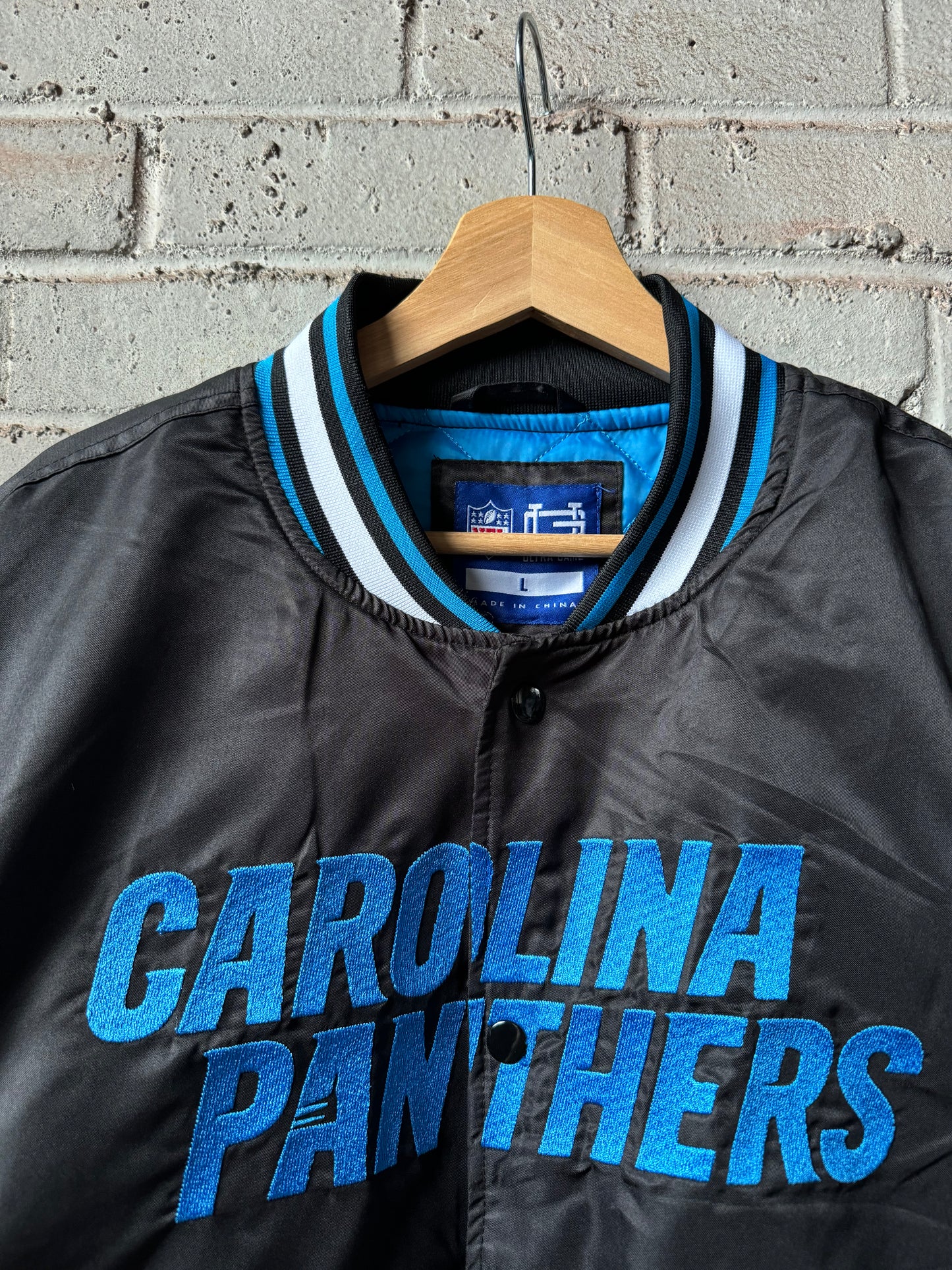 Carolina Panthers Black Ultra Game Embroidered Logo NFL Satin Jacket (Large)