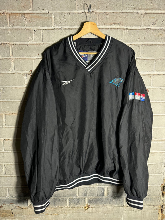 90’s Carolina Panthers Vintage Black Reebok Chrysler Dodge Jeep Ram NFL Pullover Jacket (Large)
