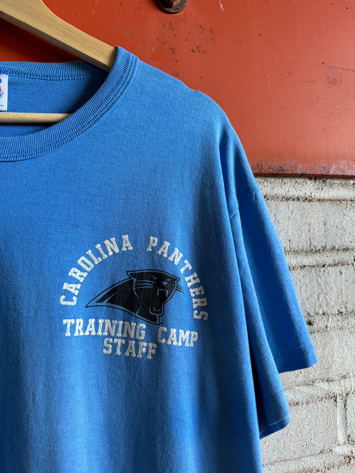 90’s Carolina Panthers Vintage Light Blue Training Camp Staff Russell Athletic NFL Tee (XL)