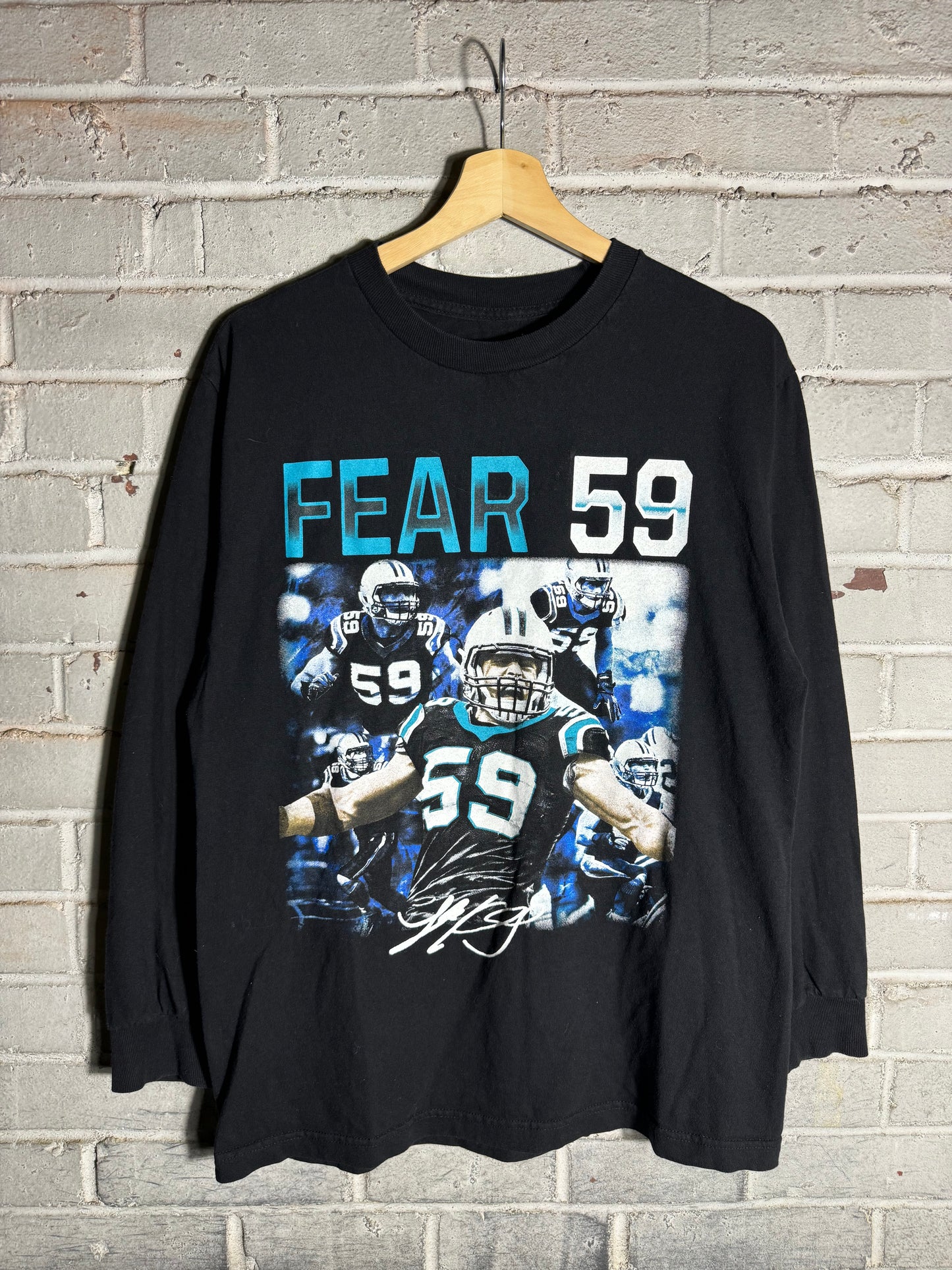 2010’s Carolina Panthers Luke Kuechly “Fear 59” Black NFL Longsleeve Tee (Medium)