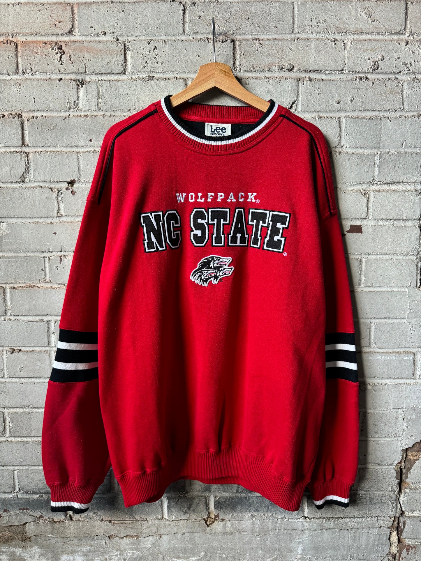 90’s NC State Wolfpack Vintage Red Lee Sport Alternate Pack Logo Embroidered Heavyweight Crewneck (XL)