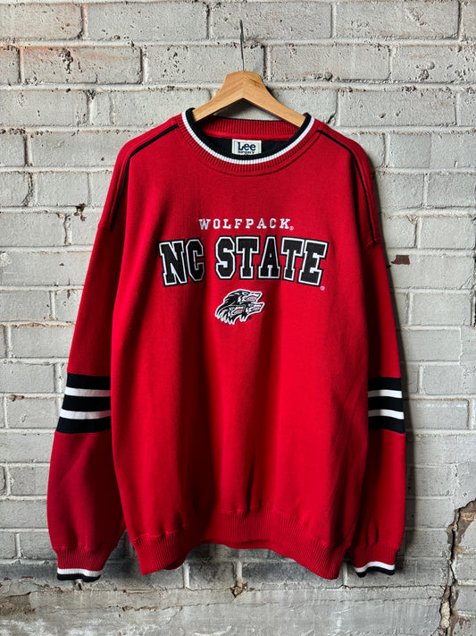 90’s NC State Wolfpack Vintage Red Lee Sport Alternate Pack Logo Embroidered Heavyweight Crewneck (XL)