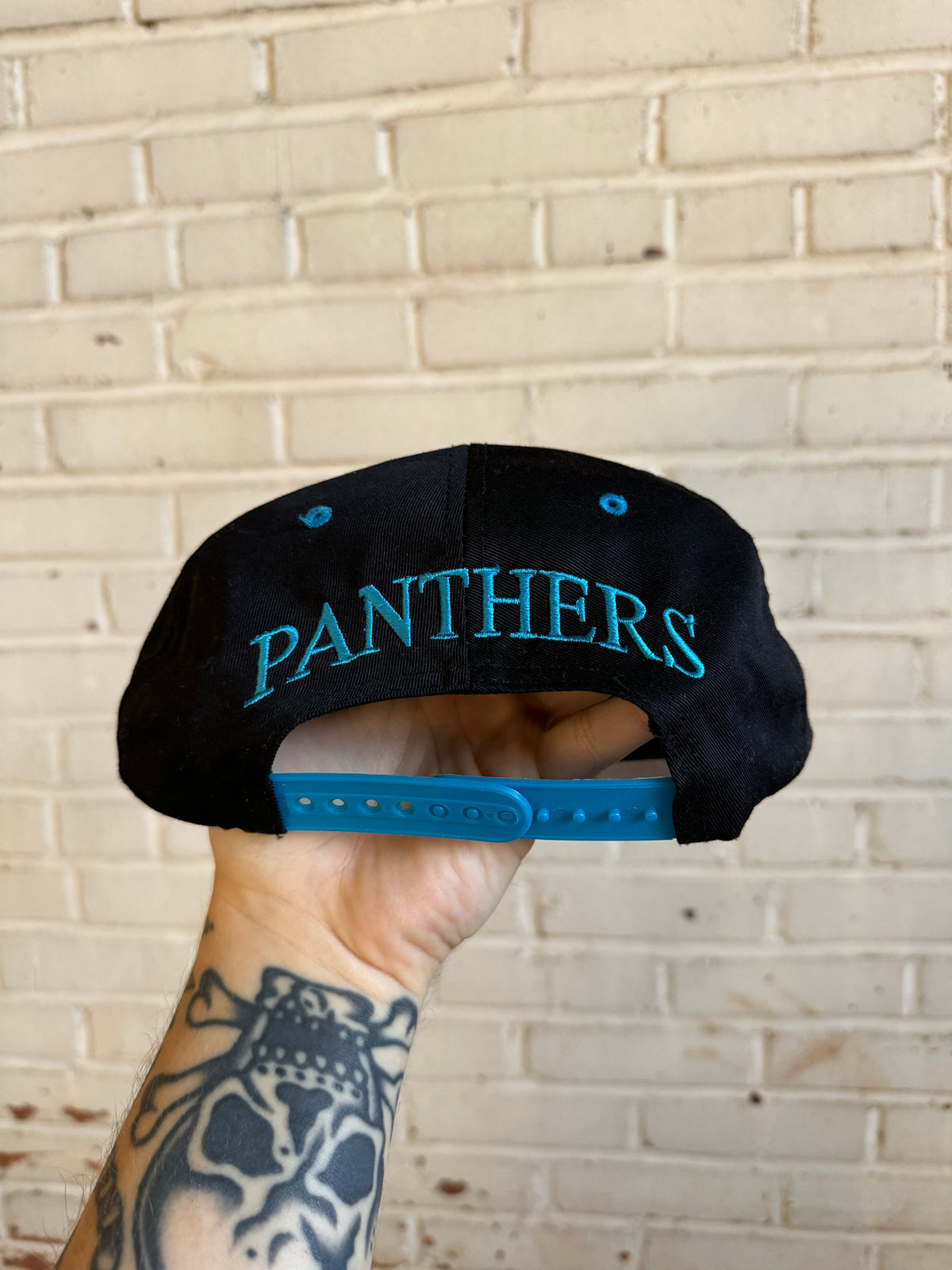 90’s Carolina Panthers Vintage Black Blue Mutli Logo NFL Snapback Hat (Youth)