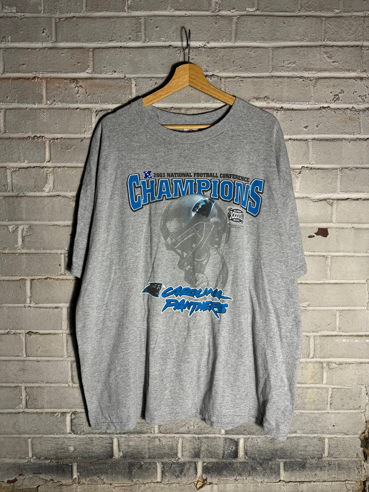 2003 Carolina Panthers Vintage NFC Champions Super Bowl XXXVIII Cat Scratch Font NFL Tee (XXL)
