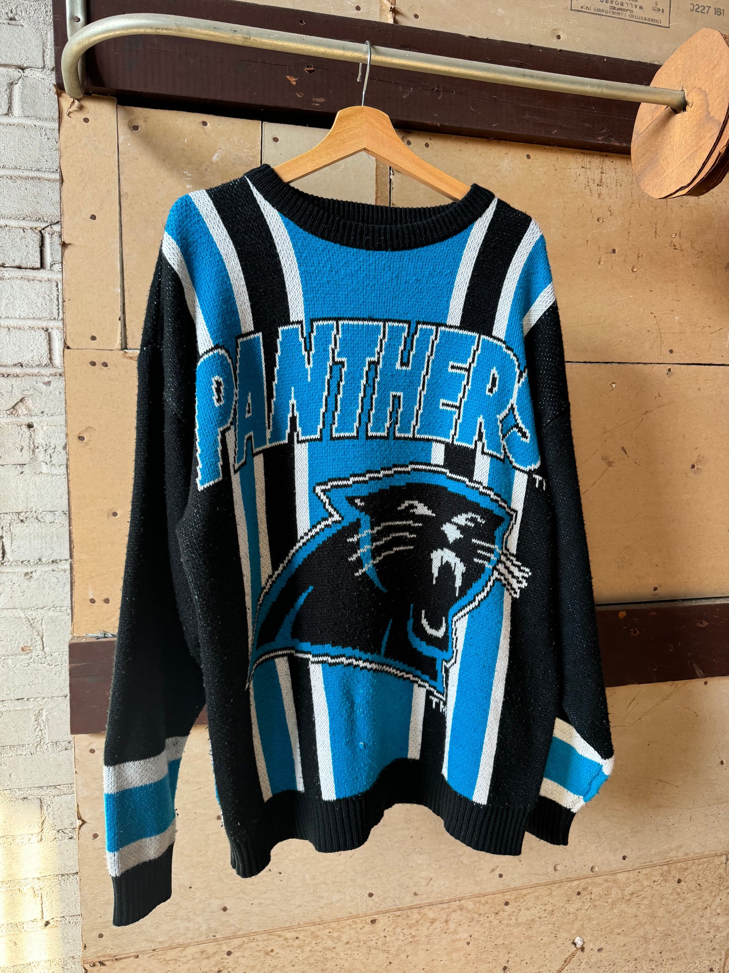 90’s Carolina Panthers Vintage Riddel Athletics Striped Knit NFL Sweater (XL)