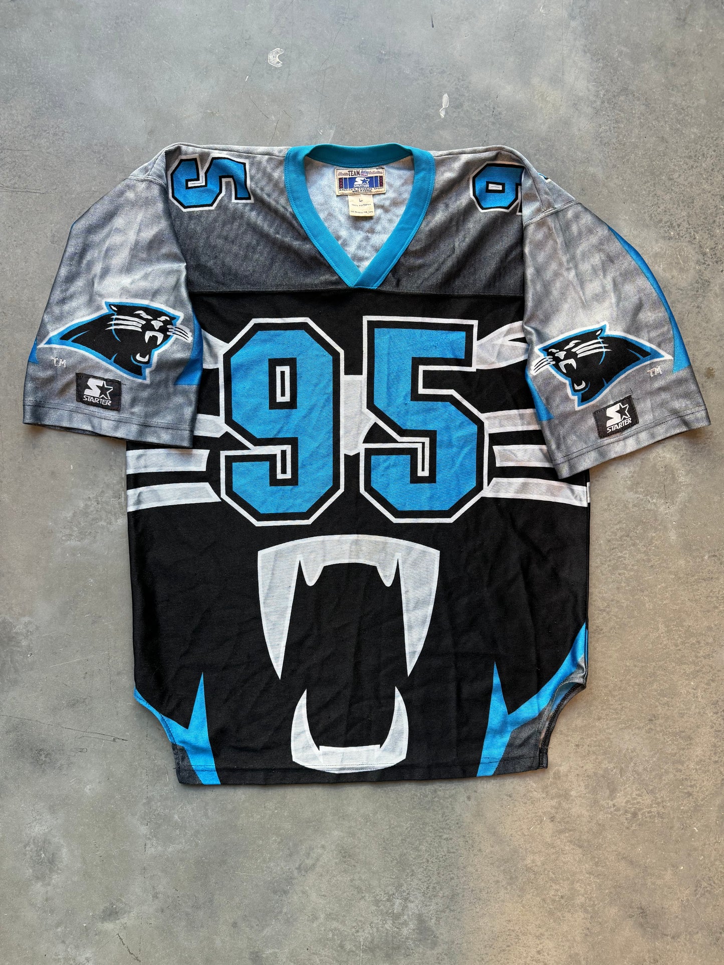 90’s Carolina Panthers Vintage Starter Big Cat Face Logo All Over Print NFL Jersey (Large)
