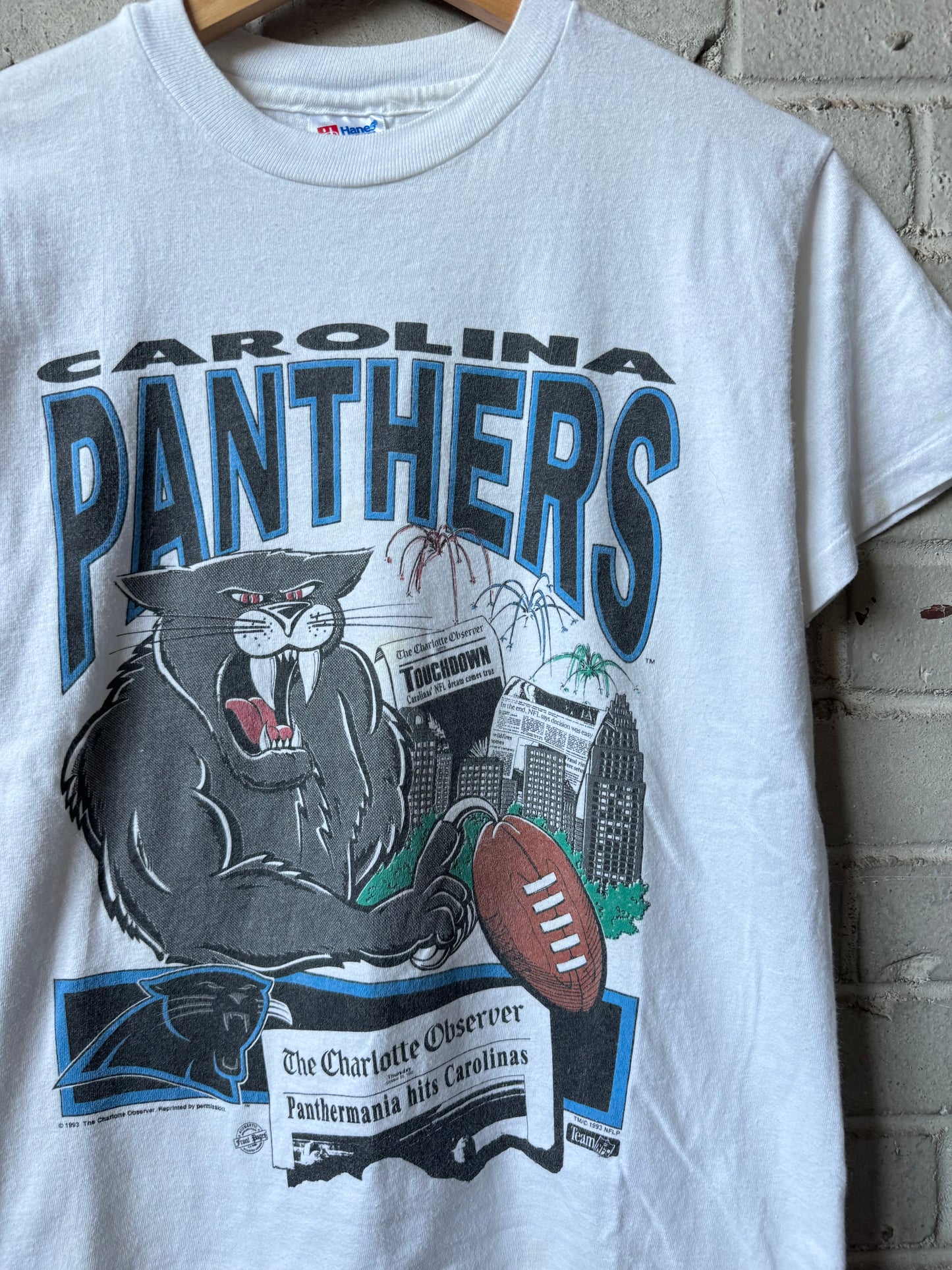 1993 Carolina Panthers Vintage Franchise Announcement NFL Expansion Cartoon Tee (Youth Large)