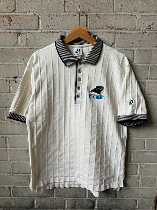 90’s Carolina Panthers Vintage Cream Ribbed Striped Heavyweight NFL Polo Collared Shirt (Medium)