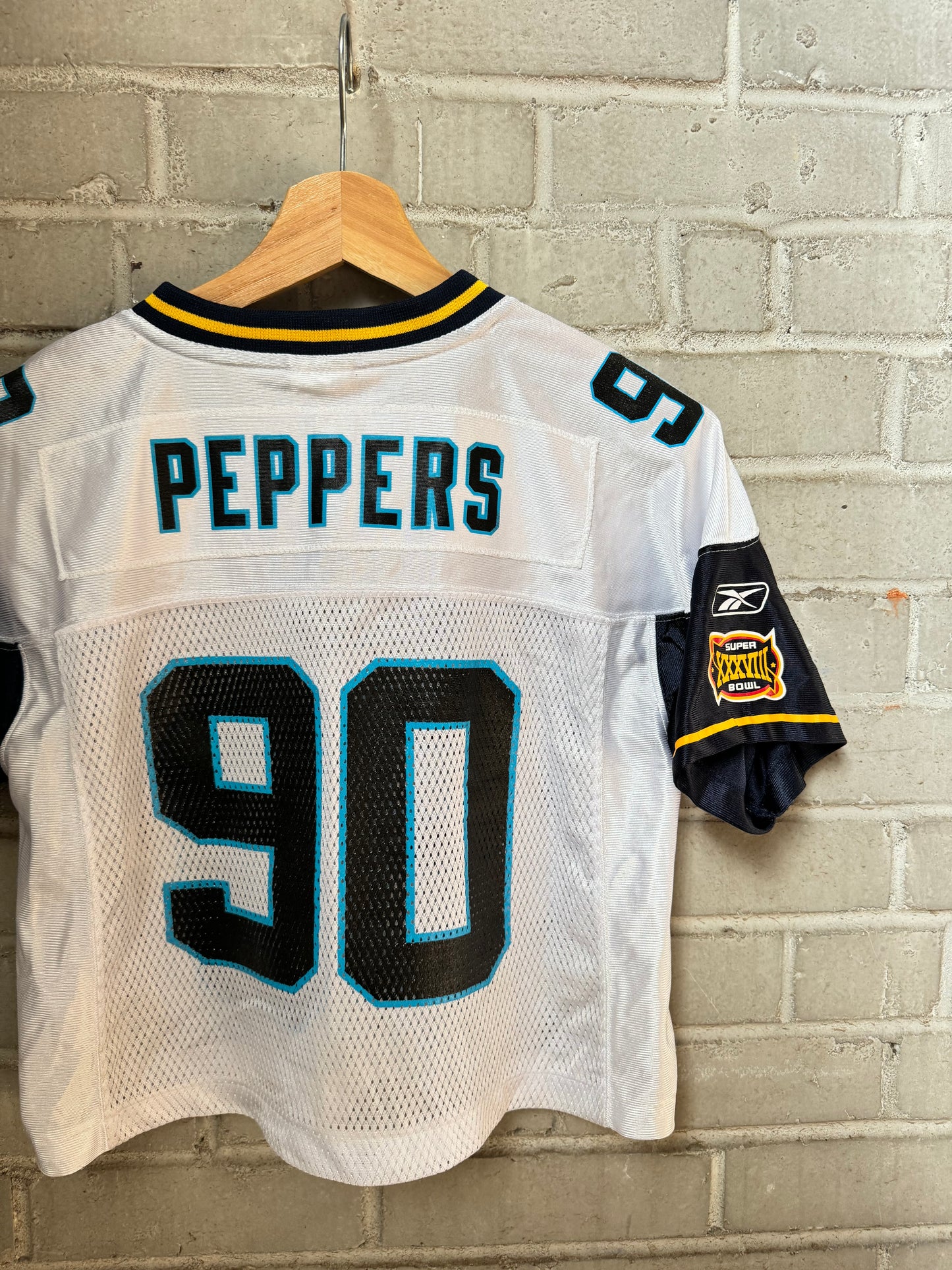 2004 Carolina Panthers Julius Peppers Vintage Reebok Super Bowl XXXVIII Cropped NFL Jersey (Youth Medium)