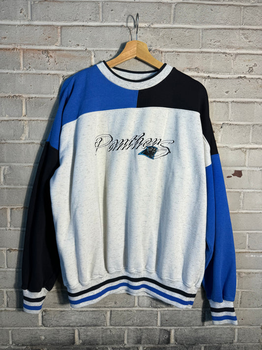 90’s Carolina Panthers Vintage Colorblocked Script Embroidered NFL Crewneck (XL)