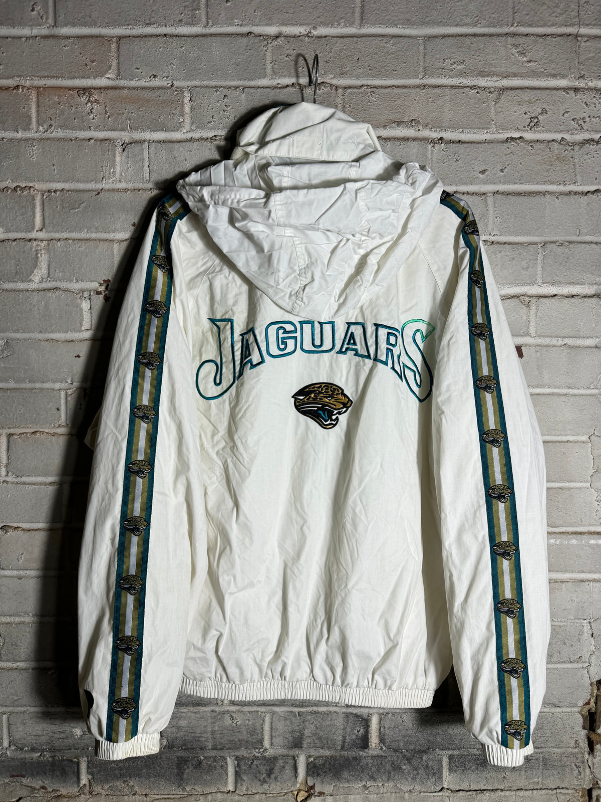 90’s Jacksonville Jaguars Vintage White Repeat Logo Pro Player Full Zip NFL Windbreaker Jacket (Medium)
