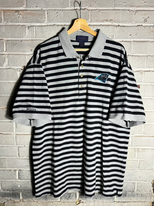 90’s Carolina Panthers Vintage Grey Black Striped Antigua Polo Collared NFL Shirt (XXL)