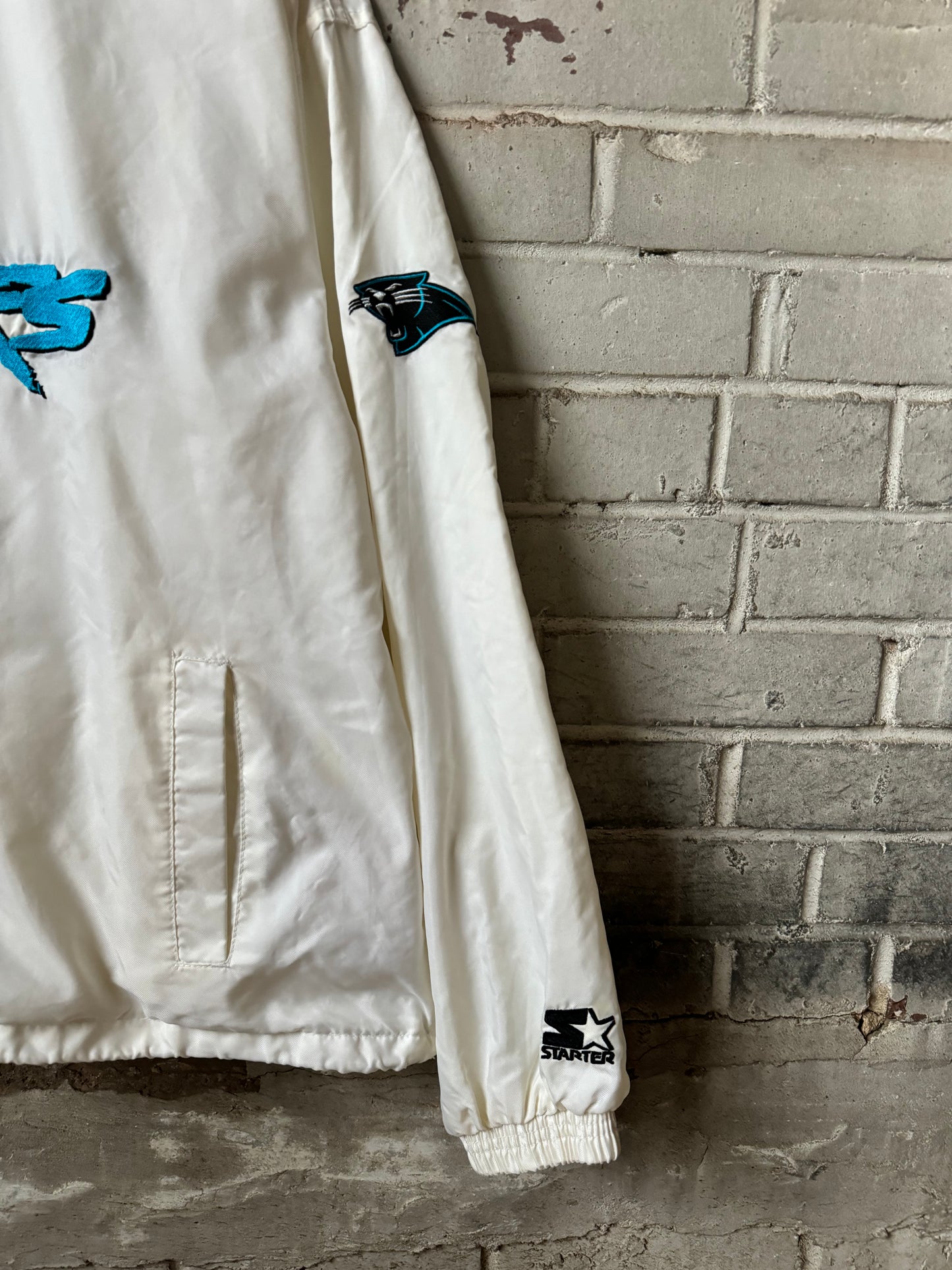 1995 Carolina Panthers Vintage White Starter Cat Scratch Font Embroidered NFL Pullover (Large)