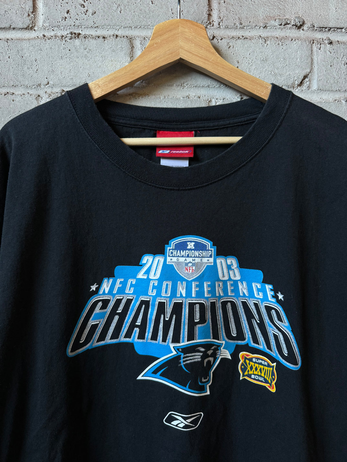 2003 Carolina Panthers Vintage Black Reebok NFC Champions Super Bowl XXXVIII NFL Tee (XL)