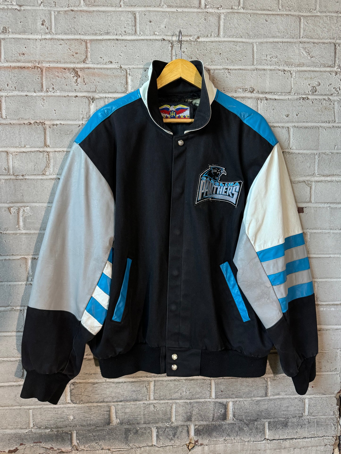 90’s Carolina Panthers Vintage Jeff Hamilton Leather Big Logo NFL Varsity Jacket (Large)
