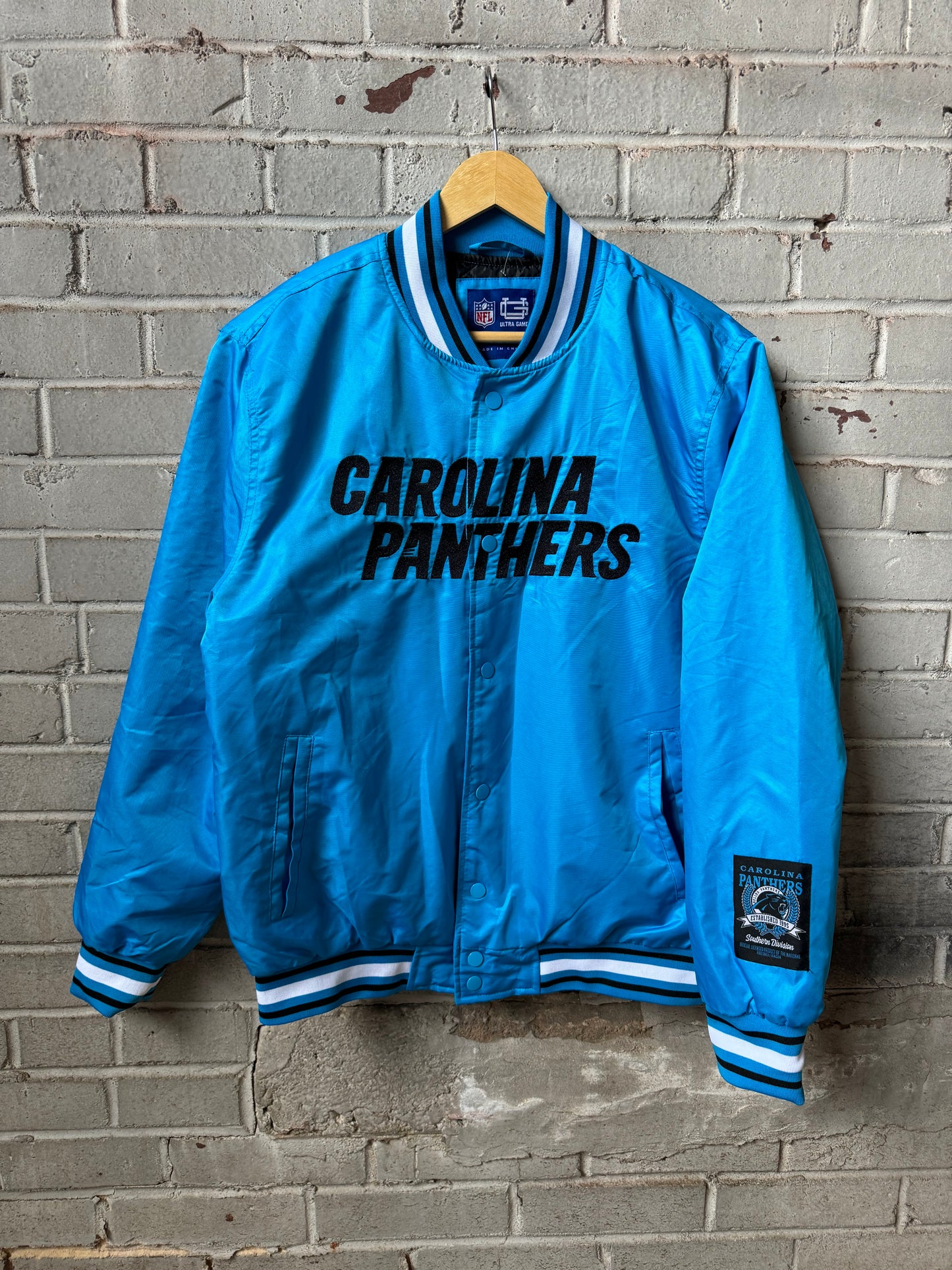 Carolina Panthers Blue Ultra Game Embroidered Logo NFL Satin Jacket (Medium)