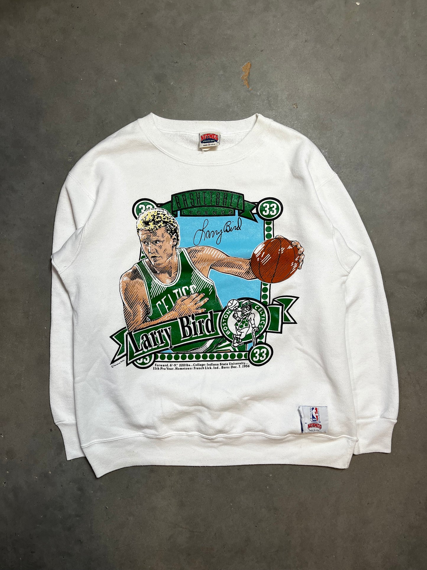 90's Boston Celtics Larry Bird Nutmeg Mills Player Card Vintage NBA Crewneck (Large)