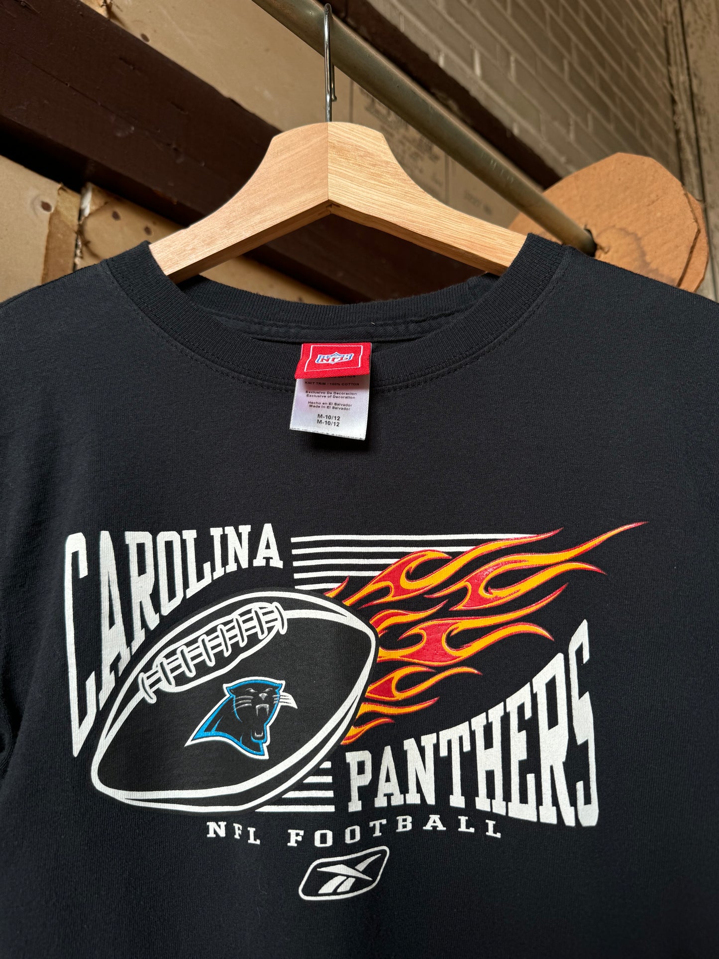 00’s Carolina Panthers Vintage Black Reebok Flame Print Sleeve NFL Longsleeve Tee (Youth Medium)