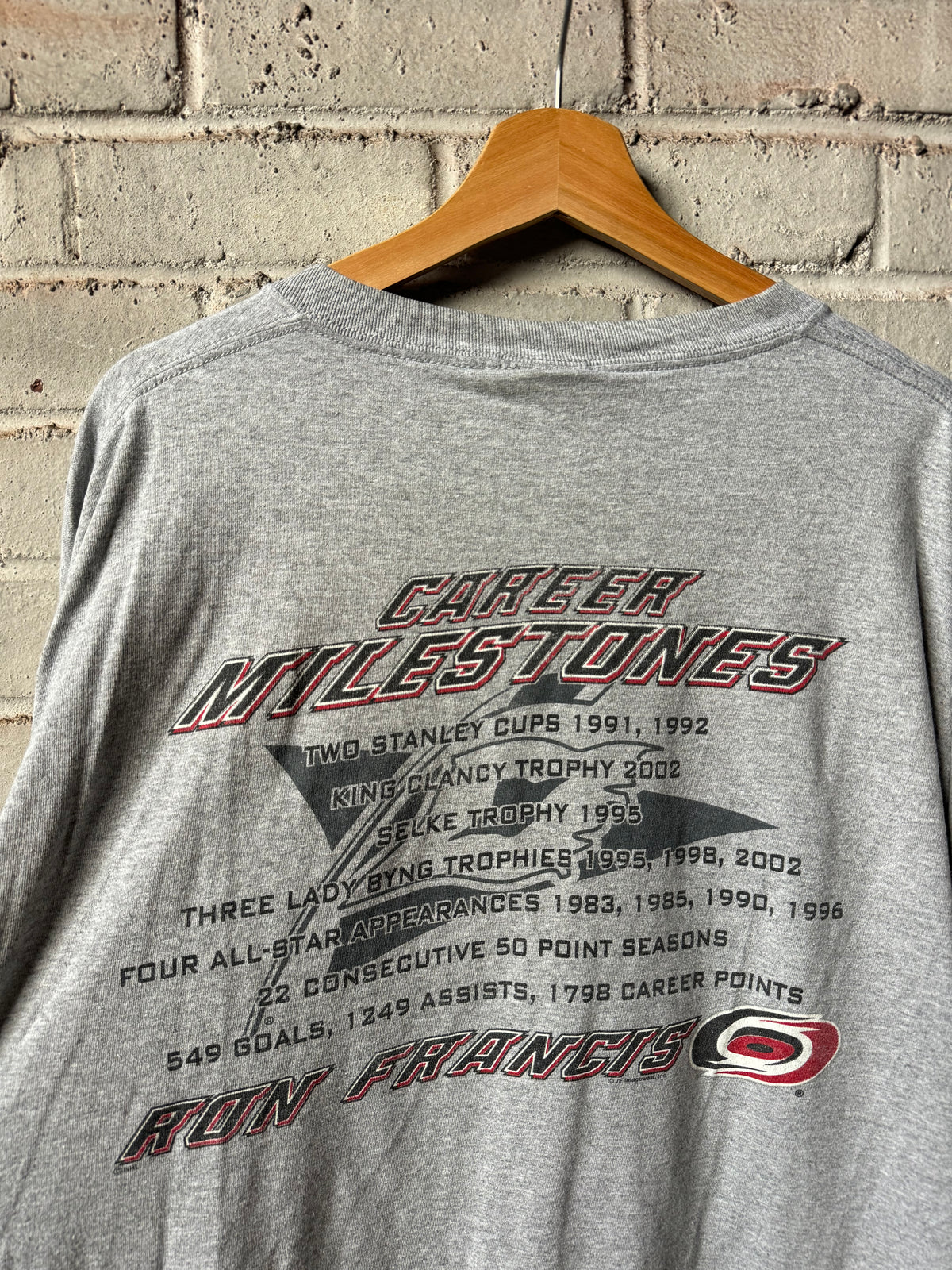 2006 Carolina Hurricanes Ron Francis Jersey Retirement Vintage Grey NHL Longsleeve Tee (XXL)