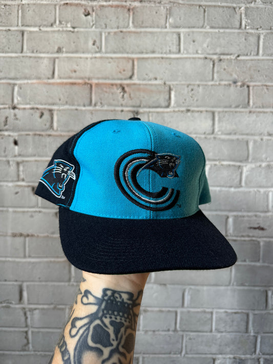 90’s Carolina Panthers Vintage Wool Sports Specialties Back Script Colorblocked NFL Snapback Hat (OSFA)