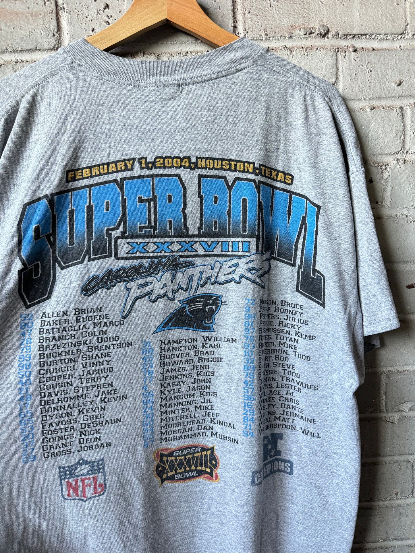 2004 Carolina Panthers Super Bowl XXXVIII “Houston, Here We Come” Vintage Grey Parking Lot Print NFL Tee (Boxy XXL)