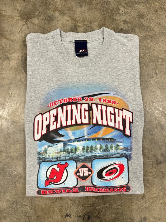 1999 Carolina Hurricanes vs. New Jersey Devils Opening Night Vintage Grey Pro Player NHL Hockey Tee (XXL)