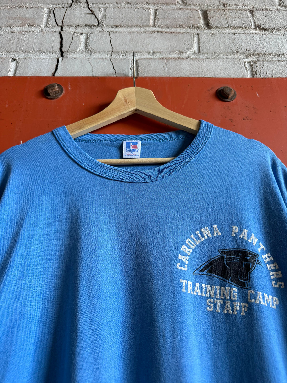 90’s Carolina Panthers Vintage Light Blue Training Camp Staff Russell Athletic NFL Tee (XL)