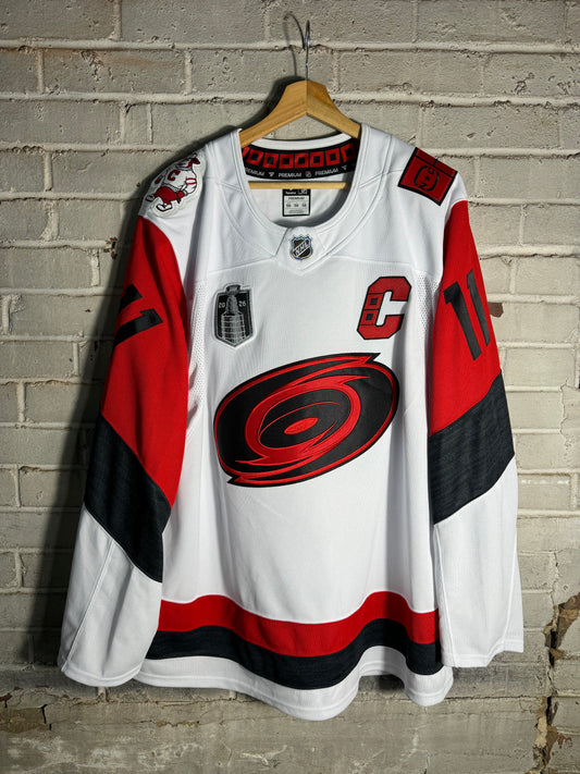 2026 Carolina Hurricanes Jordan Stall Struttin’ Stormy White Road Stanley Cup Final Patch Fanatics Premium NHL Jersey (56/XXL)