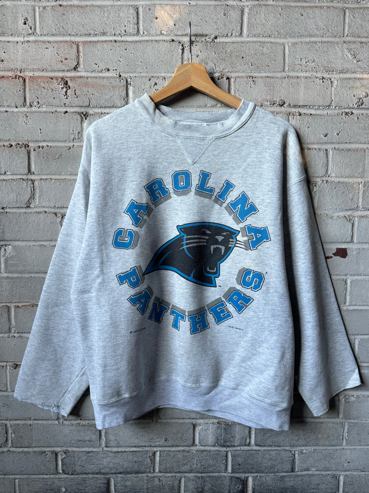 1993 Carolina Panthers Vintage Heather Grey Sphere Spellout Logo Chopped NFL Crewneck (Large)