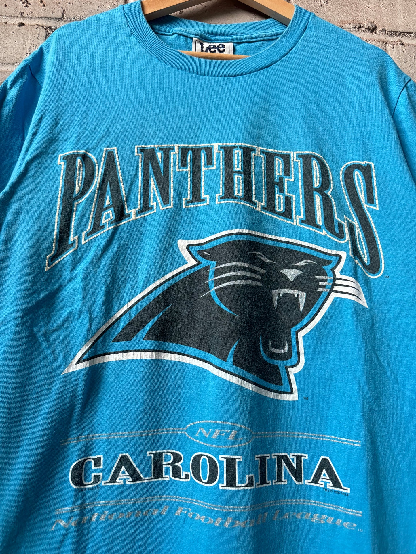 90’s Carolina Panthers Vintage Blue Lee Sport Big Logo NFL Tee (Medium)