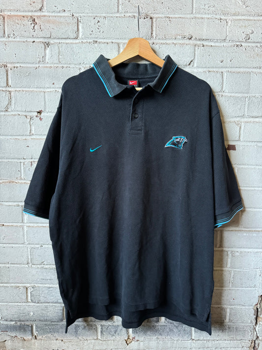 90’s Carolina Panthers Vintage Black Nike Embroidered Knit Style Sideline NFL Polo Collared Shirt (XL)
