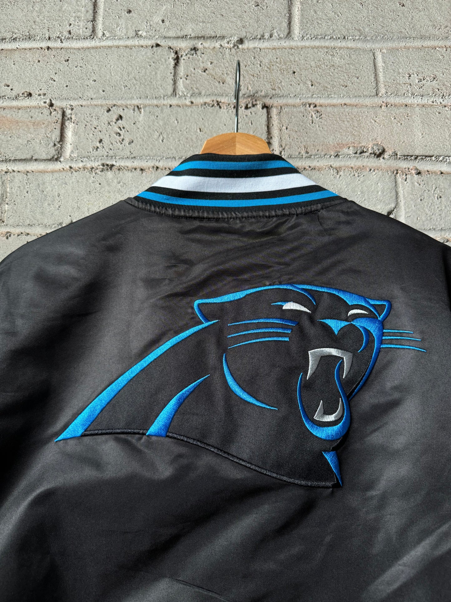 Carolina Panthers Black Ultra Game Embroidered Logo NFL Satin Jacket (Large)