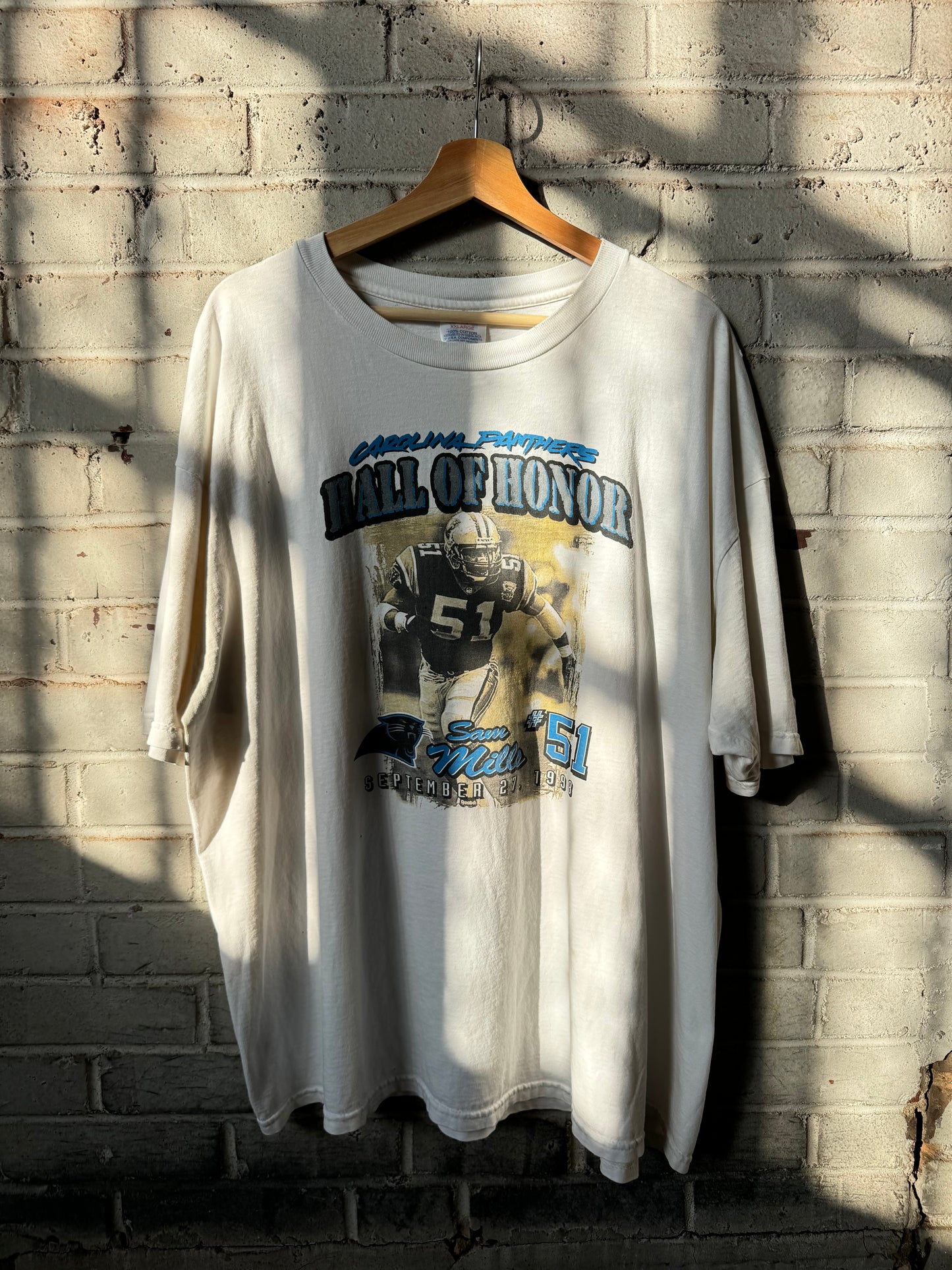 1998 Carolina Panthers Sam Mills Hall Of Honor Vintage White Champion NFL Tee (XXL)