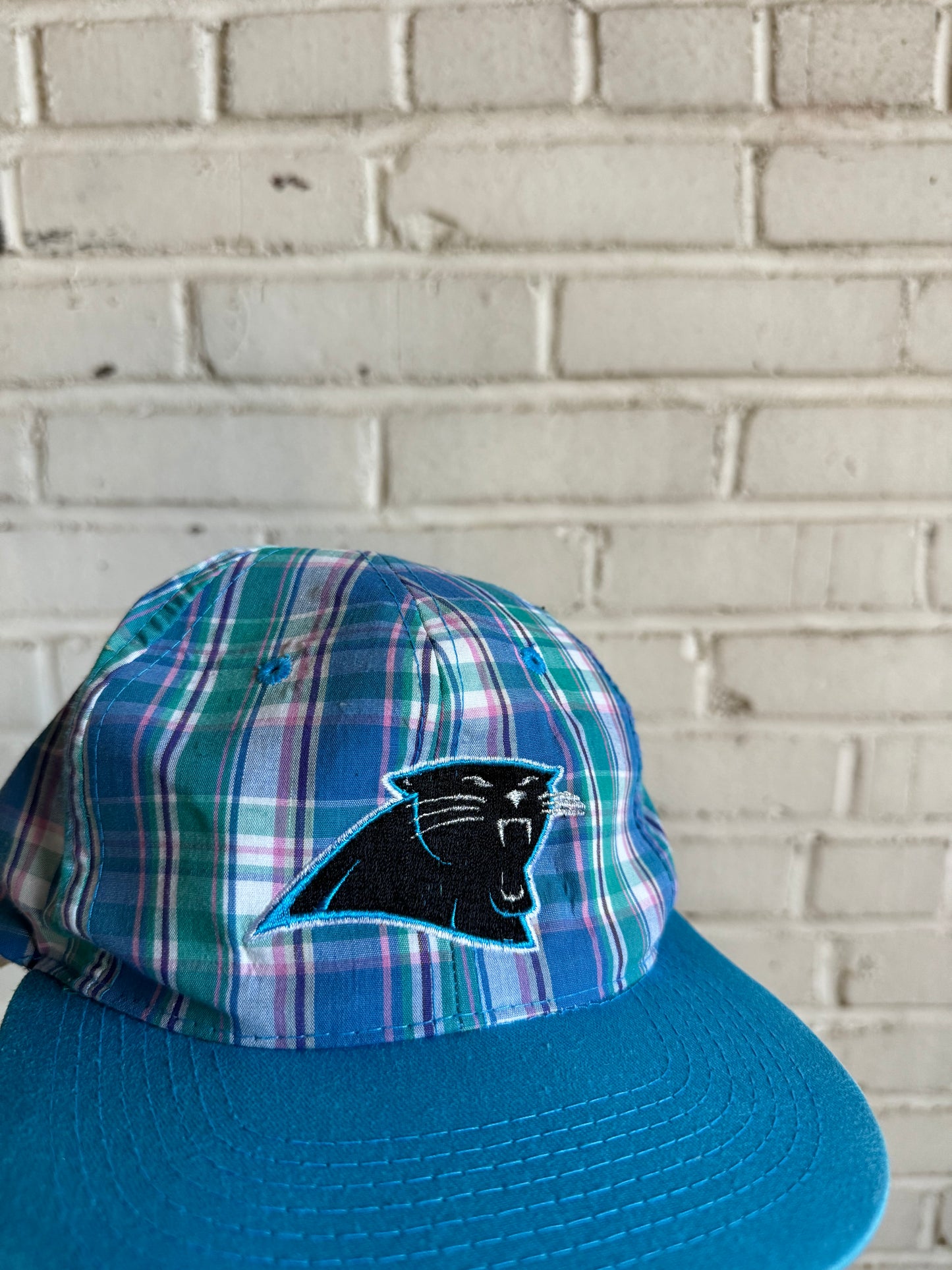 90’s Carolina Panthers Vintage Blue Plaid Golf Style NFL Snapback Hat (OSFA)