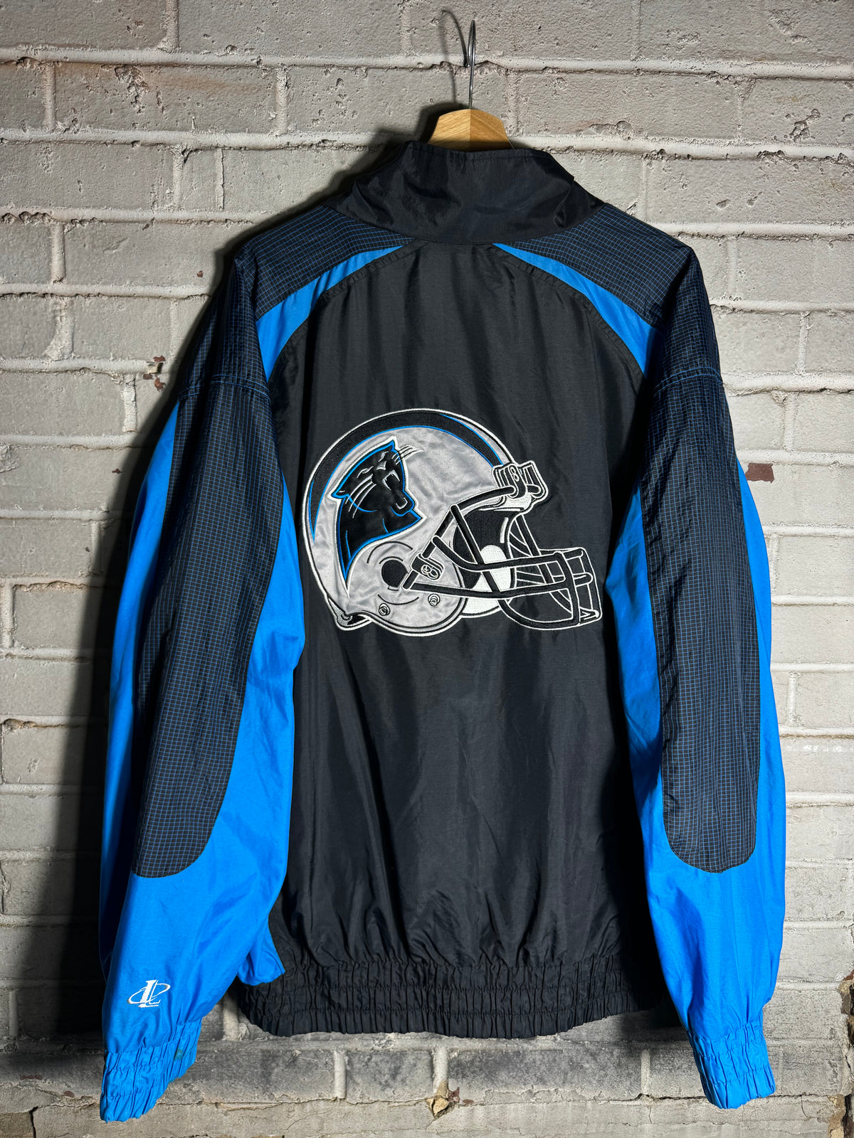 90’s Carolina Panthers Vintage Black Blue Logo Athletic Cat Scratch Font Full Zip Windbreaker Jacket (XL)