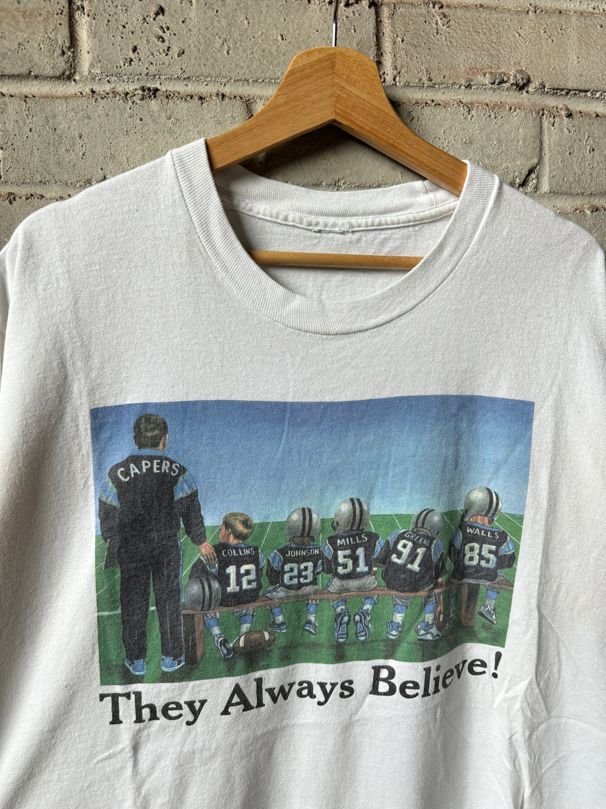 1996 Carolina Panthers “They Always Believe!” Vintage White Caricature NFL Tee (XL)