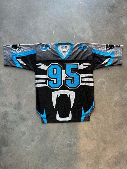 90’s Carolina Panthers Vintage Starter Big Cat Face Logo All Over Print NFL Jersey (Large)
