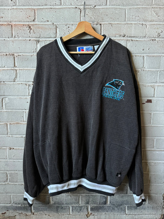 90’s Carolina Panthers Vintage Russell Athletic Heavyweight Waffle Knit Thermal NFL V Neck Pullover (XL)