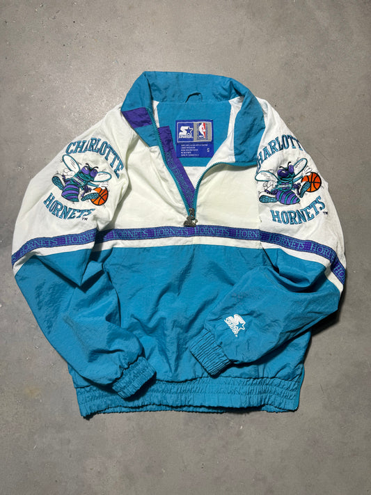 90’s Charlotte Hornets Vintage White Teal Starter Big Logos Half Zip NBA Pullover Jacket (Small)