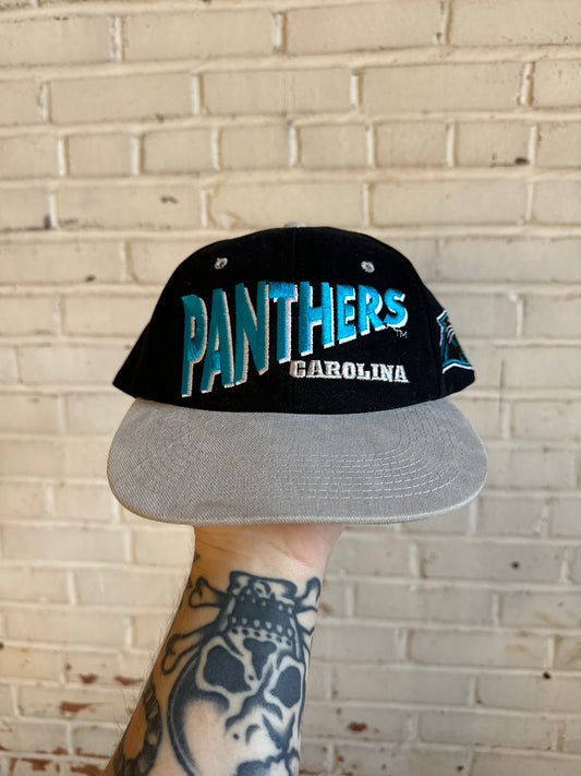 90’s Carolina Panthers Vintage Wave Spellout Black Grey NFL Snapback Hat (OSFA)