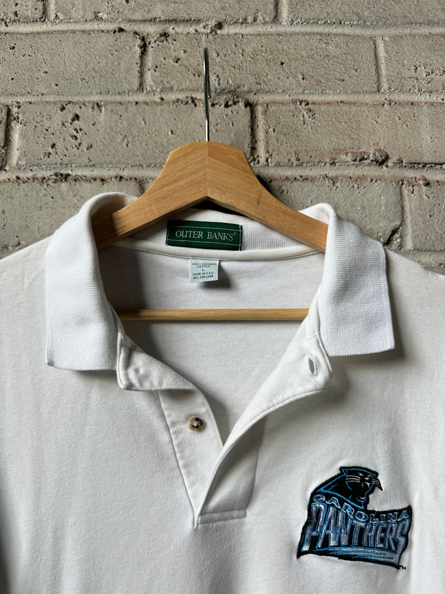 1995 Carolina Panthers Vintage White Embroidered Chrysler Dodge Jeep Ram Collared Polo NFL Shirt (Large)