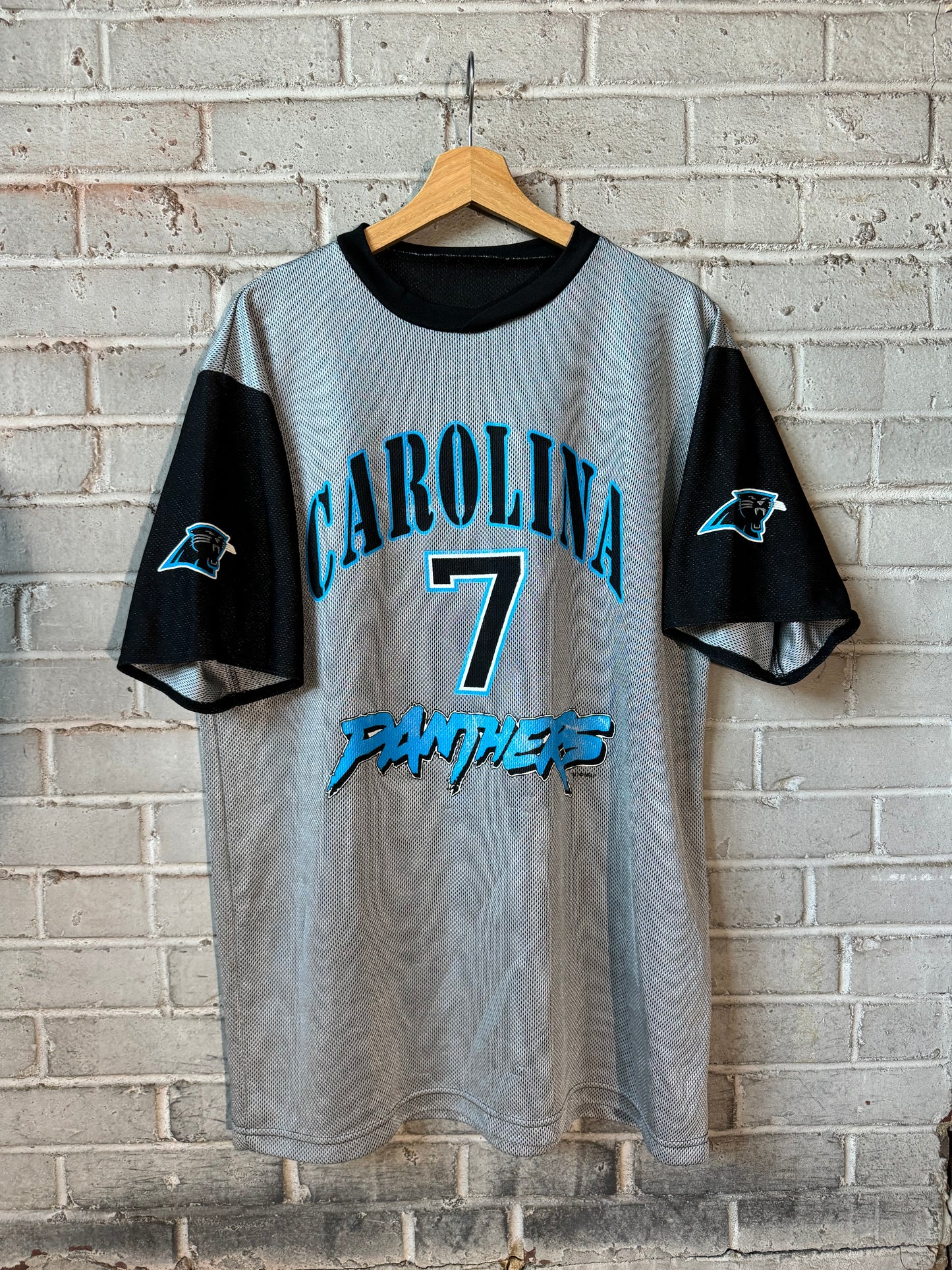 2000 Carolina Panthers Steve Beuerlein Vintage Silver Cat Scratch Font NFL Jersey Tee (XL)