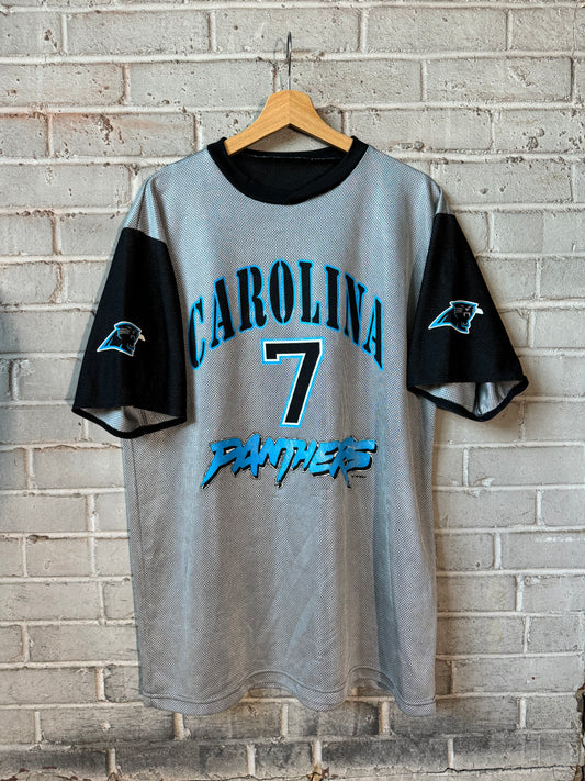 2000 Carolina Panthers Steve Beuerlein Vintage Silver Cat Scratch Font NFL Jersey Tee (XL)