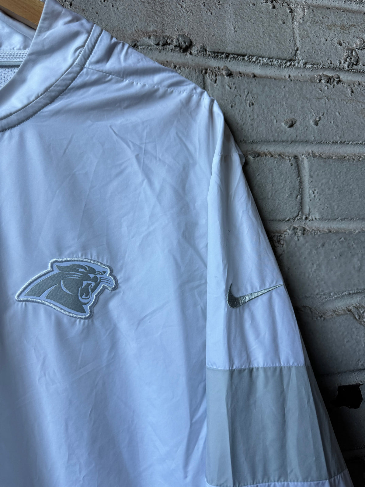 2019 Carolina Panthers White/Silver 100th NFL Season Patch Nike Half Zip Team Issued Sideline Jacket (Large)