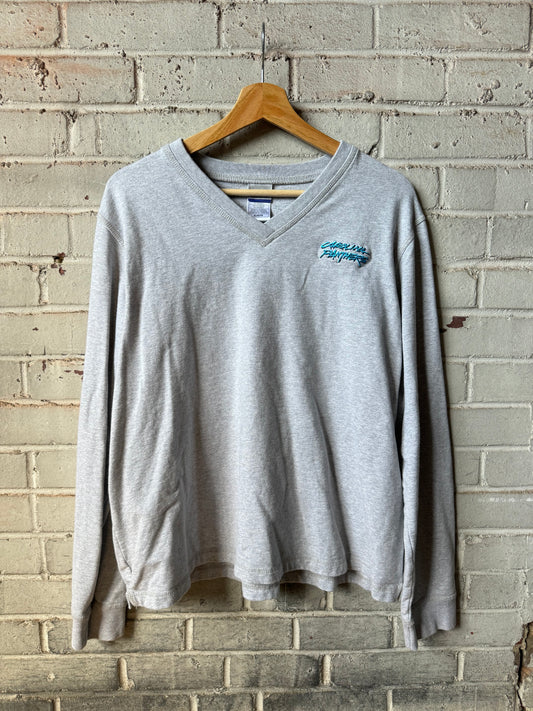 00’s Carolina Panthers Vintage Grey Reebok Cat Scratch Font V Neck Crewneck (Women’s XL)