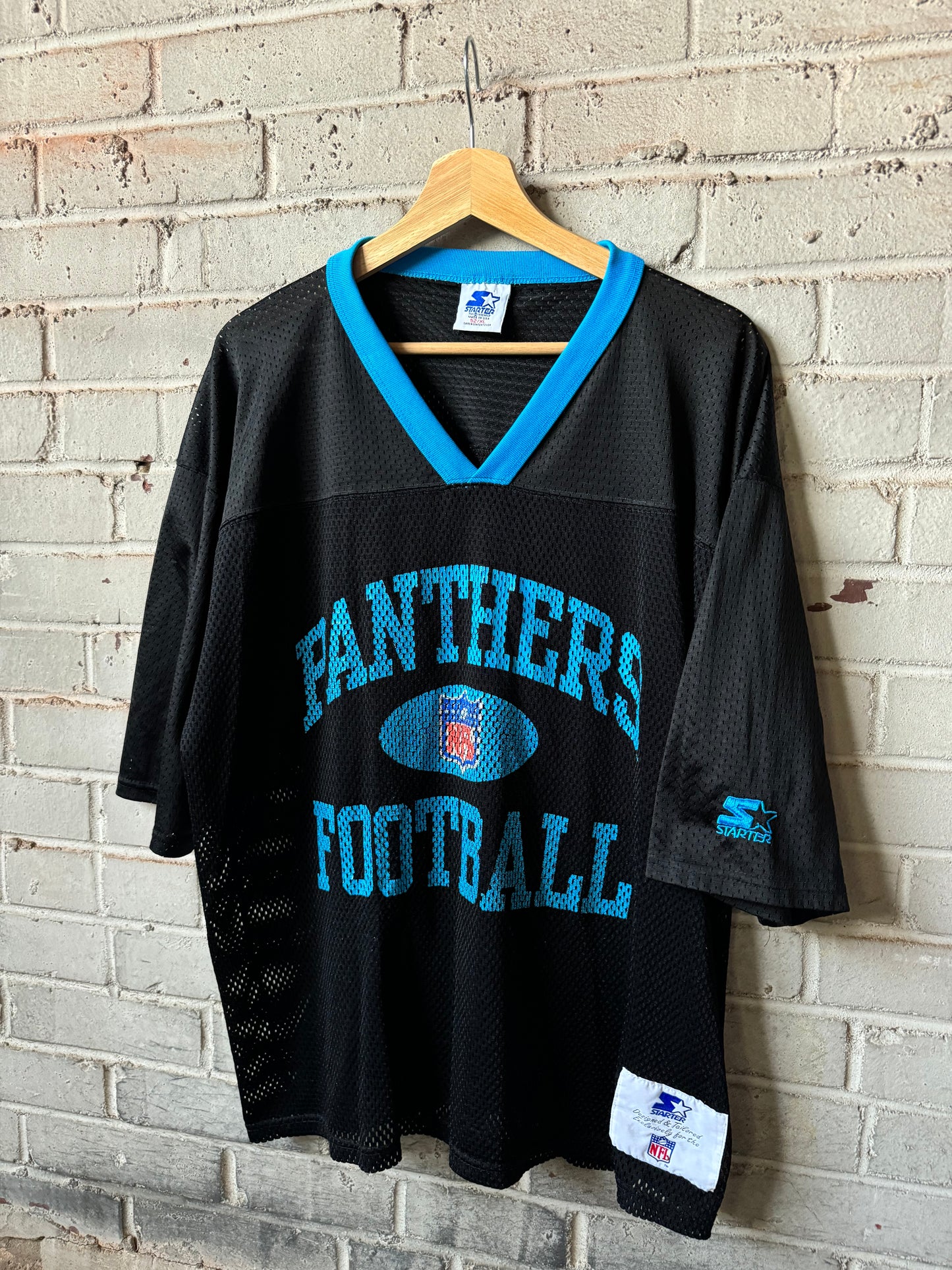 90’s Carolina Panthers Vintage Black Mesh Starter Cropped NFL Practice Jersey (52/XL)