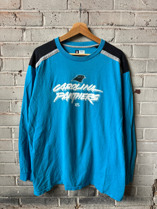 00’s Carolina Panthers Vintage Blue Cat Scratch Font Colorblocked NFL Longsleeve Tee (Large)