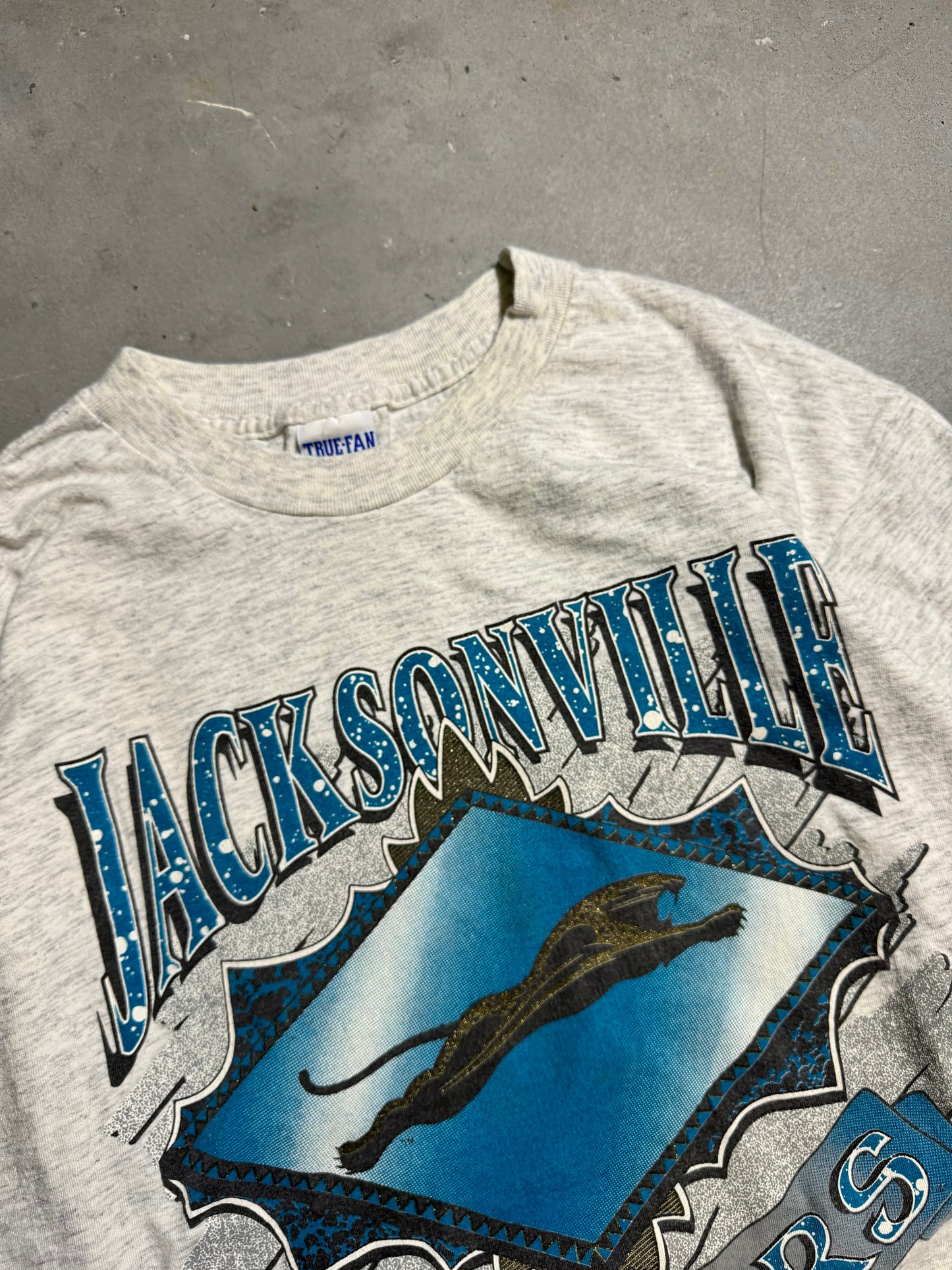 1993 Jacksonville Jaguars Vintage Heather Grey Banned Logo NFL Spellout Big Logo Tee (Large)